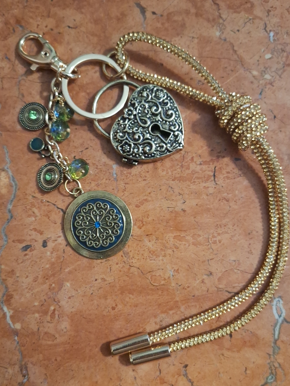 Gold-Tone Heart Locket Bag Charm Keychain with Filigree Medallion